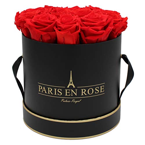 PARIS EN ROSE Rosenbox | mit 14 roten Infinity Rosen Größe XL | konservierte ewige Rose |runde Schwarz-Goldene Box | 3 Jahre haltbar | Grußkarte von PARIS EN ROSE