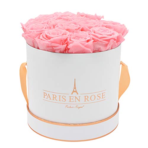 PARIS EN ROSE Rosenbox | mit 14 rosa Infinity Rosen Größe XL | konservierte ewige Rose | runde Weiß-Roségold Box | 3 Jahre haltbar | Grußkarte von PARIS EN ROSE