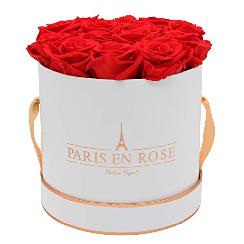 PARIS EN ROSE Rosenbox | mit 14 roten Infinity Rosen Größe XL | konservierte ewige Rose | runde Weiß-Roségold Box | 3 Jahre haltbar | Grußkarte von PARIS EN ROSE