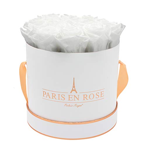 PARIS EN ROSE Rosenbox | mit 14 weißen Infinity Rosen Größe XL | konservierte ewige Rose | runde Weiß-Roségold Box | 3 Jahre haltbar von PARIS EN ROSE