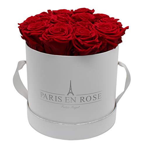 PARIS EN ROSE Rosenbox| mit 14 Bordeaux-roten Infinity Rosen Größe XL | konservierte ewige Rose | runde Weiß-Silber Box | 3 Jahre haltbar | Grußkarte von PARIS EN ROSE