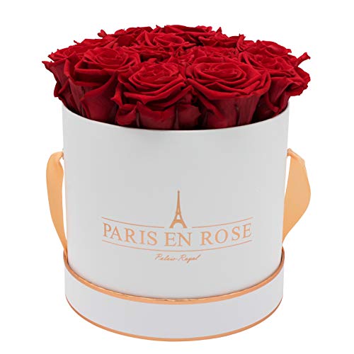 PARIS EN ROSE Rosenbox | mit 14 Bordeaux-roten Infinity Rosen Größe XL | konservierte ewige Rose | runde Weiß-Roségold Box | 3 Jahre haltbar | Grußkarte von PARIS EN ROSE