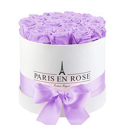 PARIS EN ROSE Rosenbox | mit 14 lila Infinity Rosen Größe XL | konservierte ewige Rose | weiße Box mit Schleife | 3 Jahre haltbar | Grußkarte von PARIS EN ROSE