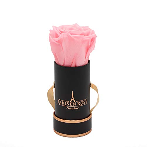 PARIS EN ROSE Rosenbox | mit Einer rosa Infinity Rose Größe XL | ewige Rose | runde Box Schwarz-Rosegold | 3 Jahre haltbar | Grußkarte von PARIS EN ROSE