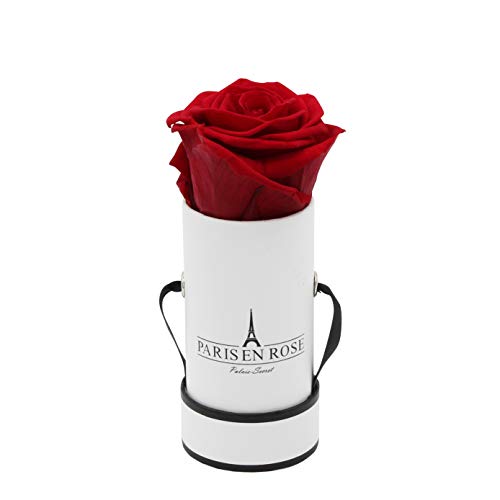 PARIS EN ROSE Rosenbox | mit Einer Bordeaux-roten Infinity Rosen Größe XL | konservierte ewige Rose | runde Weiß-Schwarze Box |3 Jahre haltbar | Grußkarte von PARIS EN ROSE