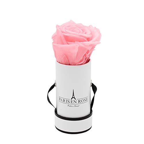 PARIS EN ROSE Rosenbox | mit einer rosa Infinity Rosen Größe XL | konservierte ewige Rose | runde Weiß-Schwarze Box |3 Jahre haltbar | Grußkarte von PARIS EN ROSE