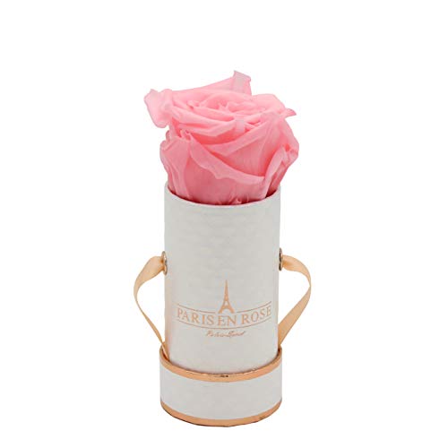 PARIS EN ROSE Rosenbox Deluxe | mit Einer rosa Infinity Rose Größe XL | konservierte ewige Rose | runde Weiß-Roségoldene Box | 3 Jahre haltbar | Grußkarte von PARIS EN ROSE