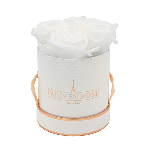 PARIS EN ROSE Rosenbox Deluxe | mit 4 weißen Infinity Rosen Größe XL | konservierte ewige Rose | runde Weiß-Roségold Box | 3 Jahre haltbar | Grußkarte von PARIS EN ROSE