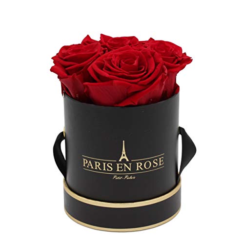 PARIS EN ROSE Rosenbox | mit 4 Bordeaux-roten Infinity Rosen Größe XL | konservierte ewige Rose |runde Schwarz-Goldene Box | 3 Jahre haltbar | Grußkarte von PARIS EN ROSE