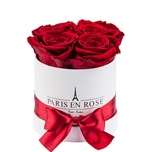 PARIS EN ROSE Rosenbox | mit 4 Bordeaux-roten Infinity Rosen Größe XL | konservierte ewige Rose | runde weiße Box mit Schleife | 3 Jahre haltbar von PARIS EN ROSE