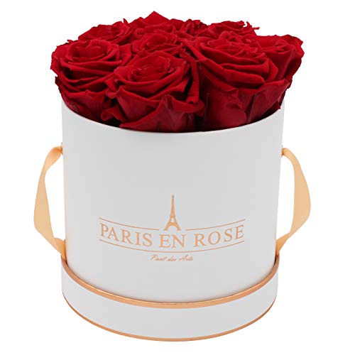 PARIS EN ROSE Rosenbox | mit 9 Bordeaux-roten Infinity Rosen Größe XL | konservierte ewige Rose | runde Weiß-Roségold Box | 3 Jahre haltbar von PARIS EN ROSE