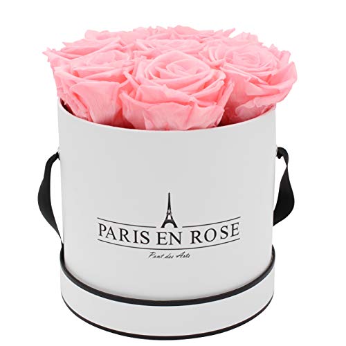 PARIS EN ROSE Rosenbox | mit 9 rosa Infinity Rosen Größe XL | konservierte ewige Rose | runde Weiß-Schwarze Box | 3 Jahre haltbar | Grußkarte von PARIS EN ROSE