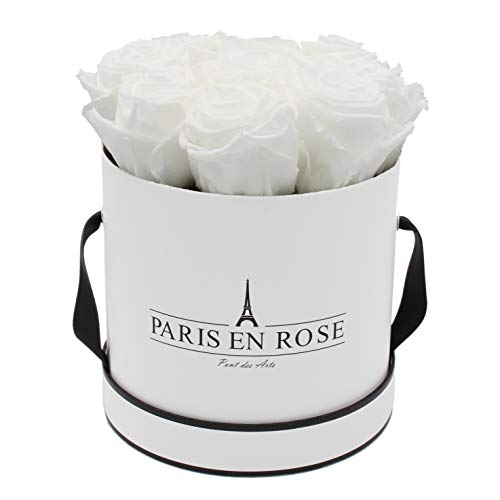 PARIS EN ROSE Rosenbox | mit 9 weißen Infinity Rosen Größe XL | konservierte ewige Rose | runde Weiß-Schwarze Box | 3 Jahre haltbar | Grußkarte von PARIS EN ROSE