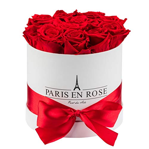 PARIS EN ROSE Rosenbox | mit 9 roten Infinity Rosen Größe XL | konservierte ewige Rose | weiße Box mit Schleife | 3 Jahre haltbar | Grußkarte von PARIS EN ROSE