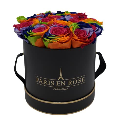 PARIS EN ROSE Rosenbox Rainbow| mit 14 konservierten Infinity Rosen Größe XL | ewige Rose | Regenbogen | runde Box in Schwarz-Gold | 3 Jahre haltbar von PARIS EN ROSE