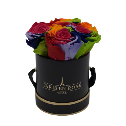 PARIS EN ROSE Rosenbox Rainbow | mit 4 konservierten Infinity Rosen Größe XL | ewige Rose | Regenbogen | runde Box in Schwarz-Gold | 3 Jahre haltbar von PARIS EN ROSE