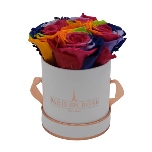 PARIS EN ROSE Rosenbox Rainbow | mit 4 konservierten Infinity Rosen Größe XL | ewige Rose | Regenbogen | runde Box in Weiß-Roségold | 3 Jahre haltbar von PARIS EN ROSE