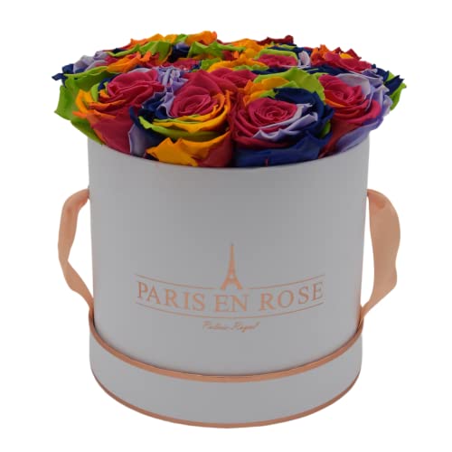 PARIS EN ROSE Rosenbox Rainbow | mit 9 konservierten Infinity Rosen Größe XL | ewige Rose | Regenbogen | runde Box in Weiß-Roségold | 3 Jahre haltbar (Classique (9 Rosen)) von PARIS EN ROSE