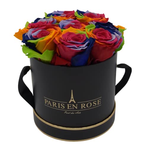 PARIS EN ROSE Rosenbox Rainbow | mit 9 konservierten Infinity Rosen Größe XL | ewige Rose | Regenbogen | runde Box in Schwarz-Gold | 3 Jahre haltbar von PARIS EN ROSE