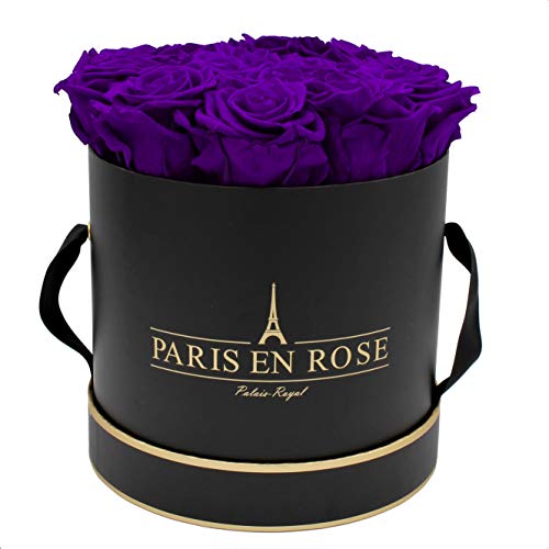 PARIS EN ROSE Rosenbox | mit 14 dunkel-lila Infinity Rosen Größe XL | konservierte ewige Rose |runde Schwarz-Goldene Box | 3 Jahre haltbar | Grußkarte von PARIS EN ROSE