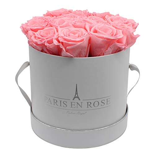 PARIS EN ROSE Rosenbox | mit 14 rosa Infinity Rosen Größe XL | konservierte ewige Rose | runde Weiß-Silber Box | 3 Jahre haltbar | Grußkarte von PARIS EN ROSE
