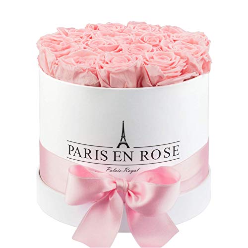 PARIS EN ROSE Rosenbox | mit 14 rosa Infinity Rosen Größe XL | konservierte ewige Rose | weiße Box mit Schleife | 3 Jahre haltbar | Grußkarte von PARIS EN ROSE