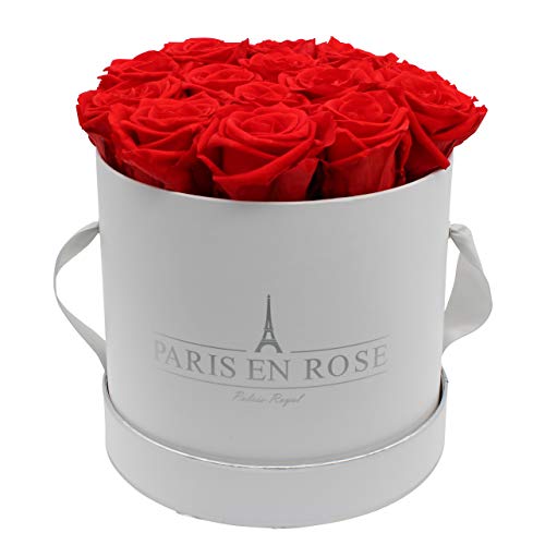 PARIS EN ROSE Rosenbox | mit 14 roten Infinity Rosen Größe XL | konservierte ewige Rose | runde Weiß-Silber Box | 3 Jahre haltbar | Grußkarte von PARIS EN ROSE