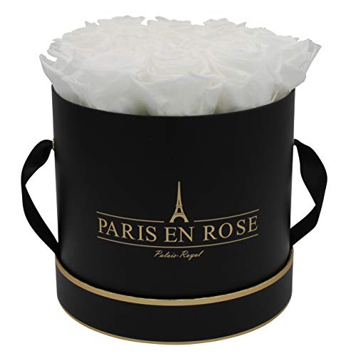 PARIS EN ROSE Rosenbox | mit 14 weißen Infinity Rosen Größe XL | konservierte ewige Rose |runde Schwarz-Goldene Box | 3 Jahre haltbar | Grußkarte von PARIS EN ROSE