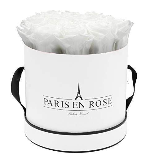 PARIS EN ROSE Rosenbox | mit 14 weißen Infinity Rosen Größe XL | konservierte ewige Rose | runde Weiß-Schwarz Box | 3 Jahre haltbar | Grußkarte von PARIS EN ROSE