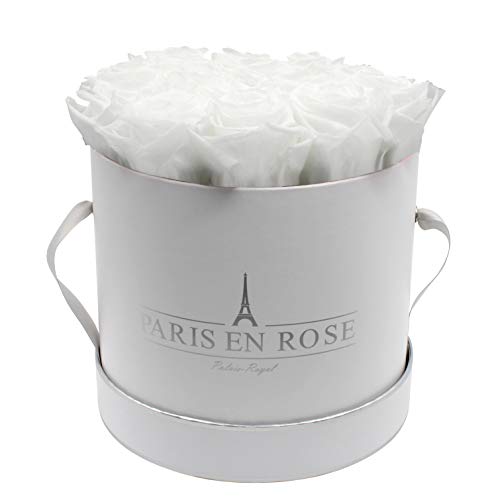PARIS EN ROSE Rosenbox | mit 14 weißen Infinity Rosen Größe XL | konservierte ewige Rose | runde Weiß-Silber Box | 3 Jahre haltbar von PARIS EN ROSE