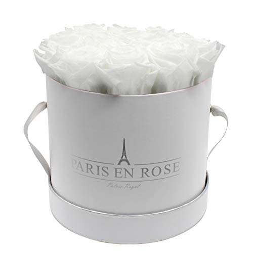 PARIS EN ROSE Rosenbox | mit 14 weißen Infinity Rosen Größe XL | konservierte ewige Rose | runde Weiß-Silber Box | 3 Jahre haltbar von PARIS EN ROSE