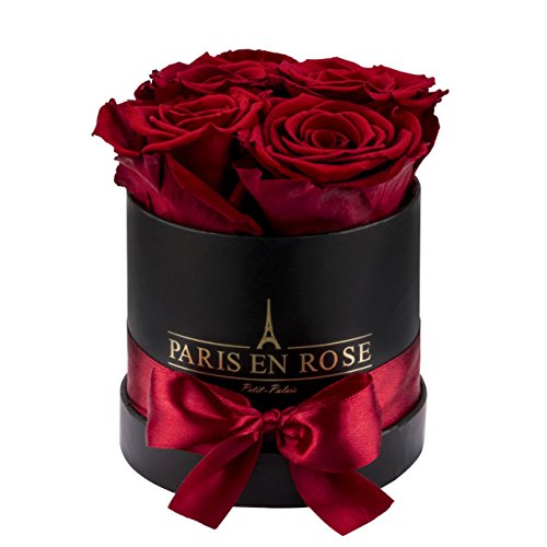 PARIS EN ROSE Rosenbox | mit 4 Bordeaux-roten Infinity Rosen Größe XL | konservierte ewige Rose | runde Schwarze Box mit Schleife | 3 Jahre haltbar | Grußkarte von PARIS EN ROSE