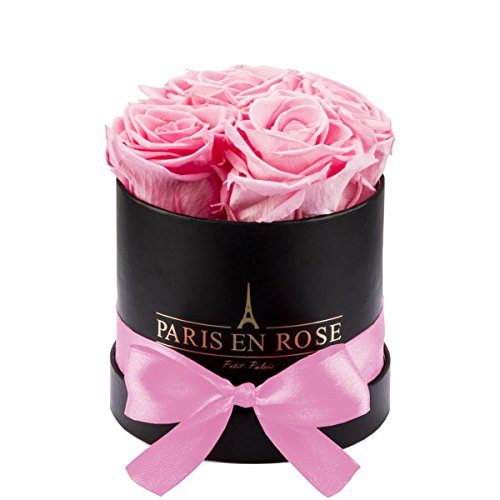 PARIS EN ROSE Rosenbox | mit 4 rosa Infinity Rosen Größe XL | konservierte ewige Rose | runde Schwarze Box mit Schleife | 3 Jahre haltbar | Grußkarte von PARIS EN ROSE