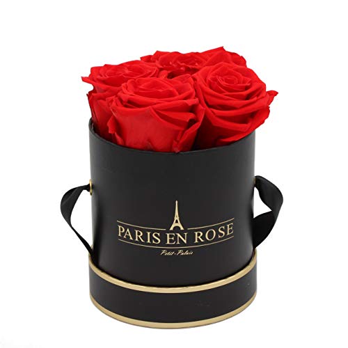 PARIS EN ROSE Rosenbox | mit 4 roten Infinity Rosen Größe XL | konservierte ewige Rose |runde Schwarz-Goldene Box | 3 Jahre haltbar | Grußkarte von PARIS EN ROSE