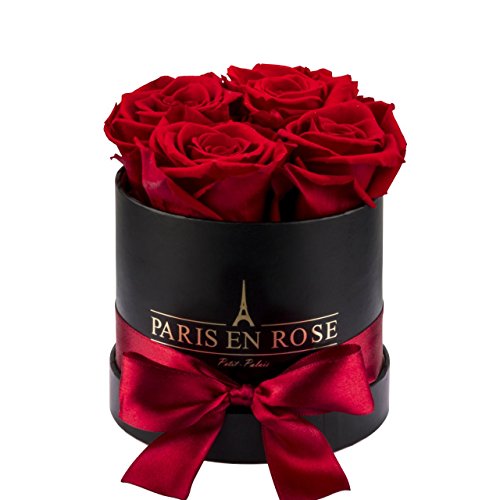 PARIS EN ROSE Rosenbox | mit 4 roten Infinity Rosen Größe XL | konservierte ewige Rose | runde Schwarze Box mit Schleife | 3 Jahre haltbar von PARIS EN ROSE