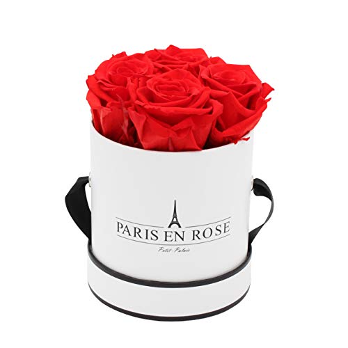 PARIS EN ROSE Rosenbox | mit 4 roten Infinity Rosen Größe XL | konservierte ewige Rose | runde Weiß-Schwarze Box |3 Jahre haltbar | Grußkarte von PARIS EN ROSE