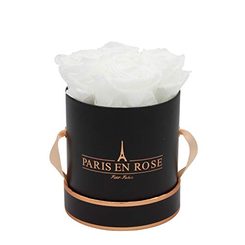 PARIS EN ROSE Rosenbox | mit 4 weißen Infinity Rosen Größe XL | konservierten ewige Rose | runde Schwarz-Rosegold Box | 3 Jahre haltbar | Grußkarte von PARIS EN ROSE