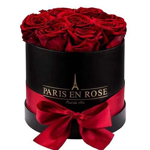 PARIS EN ROSE Rosenbox | mit 9 Bordeaux-rote Infinity Rosen Größe XL | konservierte ewige Rose | Schwarze Box mit Schleife | 3 Jahre haltbar | Grußkarte von PARIS EN ROSE