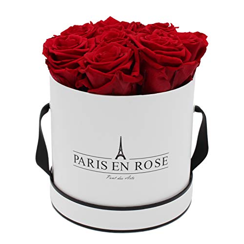 PARIS EN ROSE Rosenbox | mit 9 Bordeaux-roten Infinity Rosen Größe XL | konservierte ewige Rose | runde Weiß-Schwarze Box | 3 Jahre haltbar von PARIS EN ROSE