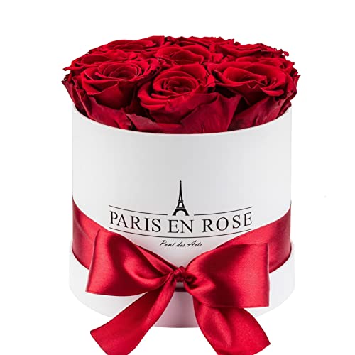 PARIS EN ROSE Rosenbox | mit 9 Bordeaux-roten Infinity Rosen Größe XL | konservierte ewige Rose | weiße Box mit Schleife | 3 Jahre haltbar | Grußkarte von PARIS EN ROSE
