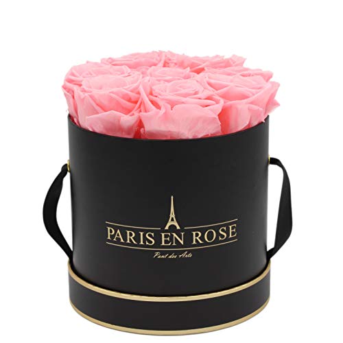 PARIS EN ROSE Rosenbox | mit 9 rosa Infinity Rosen Größe XL| konservierte ewige Rose | runde Schwarz-Goldene Box | 3 Jahre haltbar | Grußkarte von PARIS EN ROSE