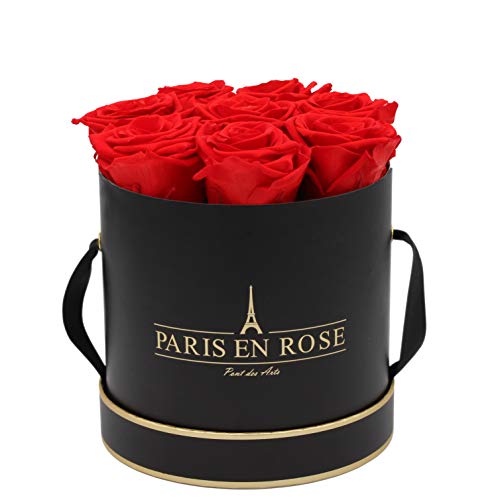 PARIS EN ROSE Rosenbox | mit 9 roten Infinity Rosen Größe XL| konservierte ewige Rose | runde Schwarz-Goldene Box | 3 Jahre haltbar | Grußkarte von PARIS EN ROSE