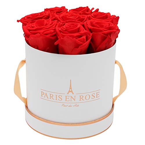 PARIS EN ROSE Rosenbox | mit 9 roten Infinity Rosen Größe XL | konservierte ewige Rose | runde Weiß-Roségold Box | 3 Jahre haltbar | Grußkarte von PARIS EN ROSE