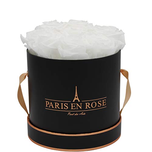 PARIS EN ROSE Rosenbox | mit 9 weißen Infinity Rosen Größe XL | konservierte ewige Rose | runde Schwarz-Roségold Box | 3 Jahre haltbar | Grußkarte von PARIS EN ROSE