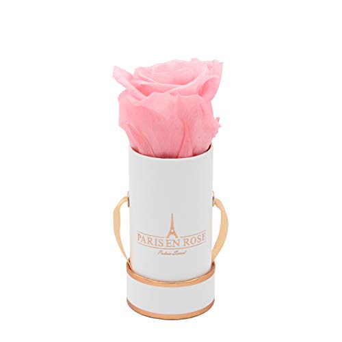 PARIS EN ROSE Rosenbox | mit einer rosa Infinity Rose Größe XL | ewige Rose | runde Box Weiß-Rosegold | 3 Jahre haltbar | Grußkarte von PARIS EN ROSE