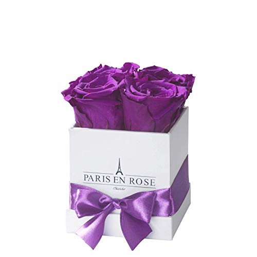 PARIS EN ROSE Rosenbox | mit Vier dunkel-violetten Infinity Rosen Größe XL | konservierte ewige Rose | eckige weiße Box mit Band | 3 Jahre haltbar von PARIS EN ROSE