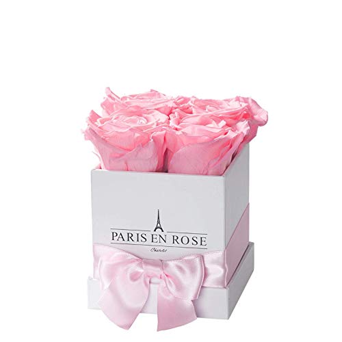 PARIS EN ROSE Rosenbox | mit Vier rosa Infinity Rosen Größe XL | konservierte ewige Rose | eckige weiße Box mit Band | 3 Jahre haltbar von PARIS EN ROSE