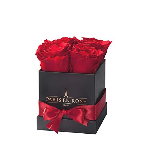 PARIS EN ROSE Rosenbox | mit Vier roten Infinity Rosen Größe XL | konservierte ewige Rose | eckige Schwarze Box mit Band | 3 Jahre haltbar von PARIS EN ROSE