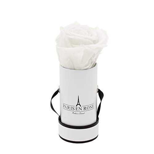 PARIS EN ROSE Rosenbox | mit Einer weißen Infinity Rosen Größe XL | konservierte ewige Rose | runde Weiß-Schwarze Box |3 Jahre haltbar | Grußkarte von PARIS EN ROSE