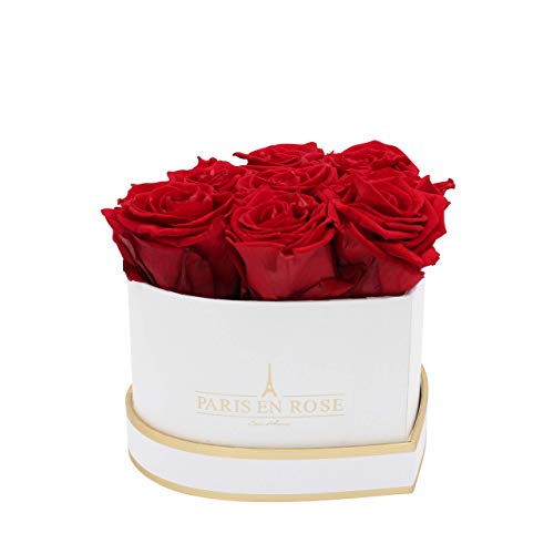 PARIS EN ROSE Rosenbox HERZ | mit 8 bordeaux-roten Infinity Rosen Größe XL | herzförmige Box in Weiß mit Gold | ewige Rose | 3 Jahre haltbar | Grußkarte von PARIS EN ROSE
